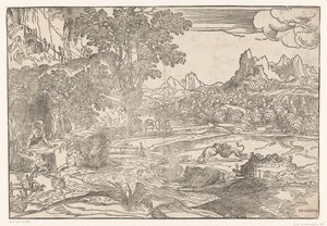 ヒエロニムスと 2 頭のライオンのいる風景 作： Domenico Campagnola