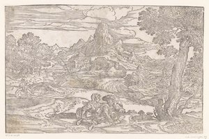 ハーディガーディのあるカップルのいる風景 作： Domenico Campagnola