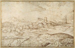 川のある山の風景と、尖った塔のある城塞都市（白紙にペンと茶色のインク 作： Domenico Campagnola