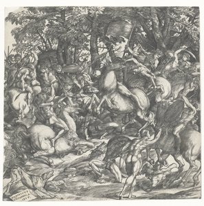戦う馬に槍を持つ裸の男性 作： Domenico Campagnola