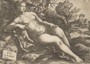 風景の中で横たわるヌードの女性ヴィーナス、1517年。