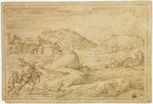 セントロクと犬と一緒に旅行する子供のいる川の風景 作： Domenico Campagnola