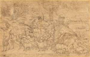 フルートを演奏し、群れを導く羊飼い 作： Domenico Campagnola