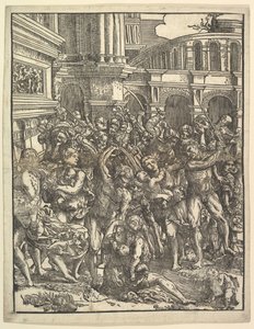 罪のない人々の虐殺、男性のグループが女性を攻撃している、そして1517年。 作： Domenico Campagnola