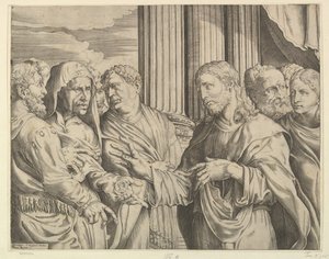 Triubute Money：中央のキリストは、左の人にコインで身振りで示しています...、ca。 1564-89。 作： Domenico Campagnola