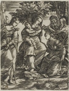 聖人と聖母子 作： Domenico Campagnola