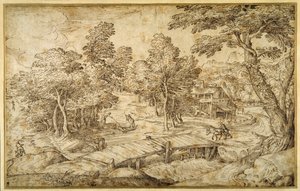 農家と水門に架かる木の橋がある森の風景（紙にペン・茶インク 作： Domenico Campagnola