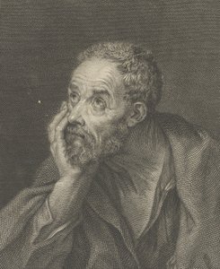 ひげを生やした年配の男性が頭を右手に置き、左側を見上げています。1775 年に撮影されました。 作： Domenico Cunego
