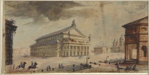 サンクトペテルブルク帝国ボリショイ・カメヌイ劇場 - ドメニコ・フェリーチェ・ラモーニ（1745-1830）。紙に水彩・白彩、1783年以前。サンクトペテルブルク国立歴史博物館 作： Domenico Felice Lamoni