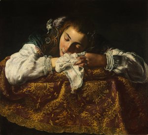 眠っている少女 - ドメニコ・フェッティー（1588/90-1623）の絵画 - 1621-1622 - 油彩・キャンバス - 67,5x74 - Szepmuveszeti Muzeum, Budapest 作： Domenico Fetti or Feti