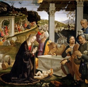 羊飼いたちの礼拝 ドメニコ・ギルランダイオ（1449-1494）の絵画 1483-1485日。167x167 cm フィレンツェ、サンタ・トリニータ、カペラ・サセッティ