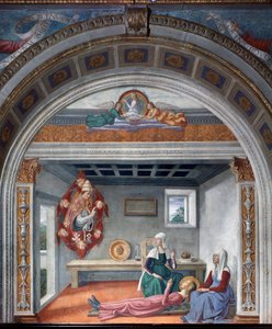 聖グレゴリオ大王による聖フィナへの死の告知 - フレスコ画 作： Domenico Ghirlandaio