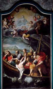 聖ニコラスが嵐を鎮める。ドメニコ・フィアセラ・ディット・イル・サルザナ（1589-1669）の絵画 サンタ・マリア・デッル・アスンタ教会（セストリ・ポネンテ