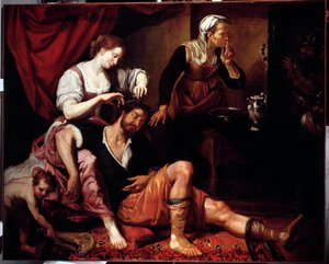 サムソンとデリラ（Samson and Delilah） ドメニコ・フィアゼッラ（Domenico Fiasella dit il Sarzana）（1589-1669）の絵画 17世紀 ジェネ、ストラーダ・ヌオーヴァ美術館（元パラッツォ・ビアンコ）。