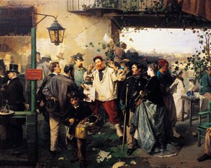 ドメニコ・インドゥーノ（1815-1878）が描いた「ヴィラフランカの平和」のニュース。 作： Domenico Induno