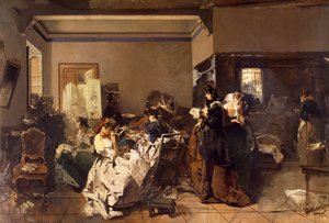 ドメニコ・インドゥーノ（1815-1878）の「お針子の学校」、油彩・キャンバス 作： Domenico Induno