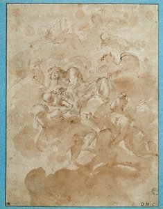 ジュピターがバッカスをメルキュールに託す ドメニコ・カヌーティ（1620-1684）による茶色のウォッシュと血のドローイング パリルーヴル美術館 作： Domenico Maria Canuti