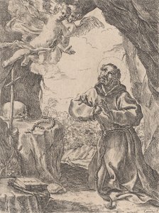 アッシジの聖フランシスコ、左上に 2 人の天使が描かれた十字架の前にひざまずく、1643～44 年。 作： Domenico Maria Canuti