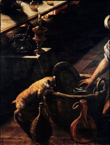 最後の晩餐（La cene） 籠の中を探す猫のディテール。ティントレット（Tintoretto）と呼ばれるヤコポ・ロブスティの絵画（1518-1594）1592-1594日。365x568 cm ヴェネツィア、サン・ジョルジョ教会