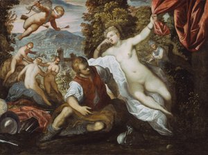 金星と火星とキューピッドと風景の中の三美神 作： Domenico Robusti Tintoretto