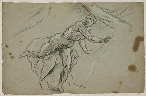 布切れを手に急いでテントを出るヌードの女性 作： Domenico Tintoretto