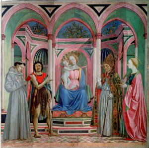 サンタ・ルチア・デイ・マグノーリの祭壇画。聖母子と聖ルチア、聖フランソワ、洗礼者ヨハネと聖ザノビ（ゼノビ） 木版デトレンペ ドメニコ・ヴェネツィアーノ（ドメニコ・ディ・バルトロメオ）（15世紀初頭～1461年） 1455年 約日。209x213 c