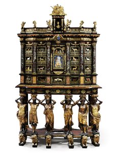 ルイ14世のキャビネットオンスタンド（金銅、ピエトラデュラ、べっ甲、灰、黒檀、小包金）（1766356-7も参照） 作： Domenico and Gobelins workshop (attr. to) Cucci