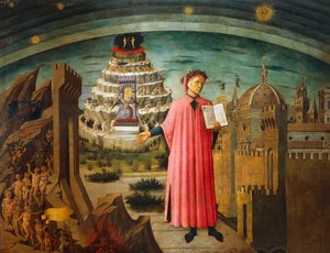 ダンテ・アリギエーリ（1265-1321）作「神曲」、ドメニコ・ディ・ミケリーノ（1417-1491）作、フレスコ画（フィレンツェ、花の聖マリア大聖堂、イタリア 作： Domenico di Michelino