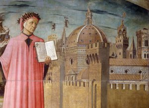 イタリア、トスカーナ地方、フィレンツェ、ダンテ・アリギエーリの肖像、フィレンツェとドメニコ・ディ・ミケリーノによる『神曲』の寓話 作： Domenico di Michelino