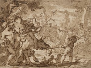 バッカスの勝利、1642-1703年頃（ペンと茶色のインク、敷き紙の上に赤いチョークで洗う）