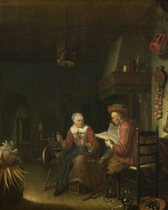 読書する男性と糸を紡ぐ女性がいるインテリア 作： Domenicus van Tol