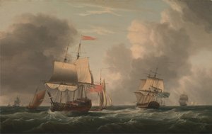 さわやかな風の中、他の船や船舶と一緒に横になっている英国の 2 階建て船 作： Dominic Serres