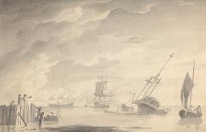 戦闘シーン、戦艦三隻、沈没の一隻。 手漕ぎボートと立ち桟橋の左図 作： Dominic Serres