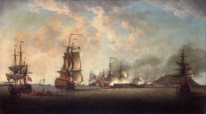 1758年12月29日、ダカール沖のゴレ要塞に対するイギリスの攻撃 作： Dominic Serres