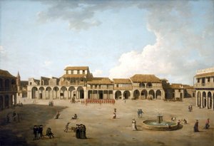 ハバナ広場（キューバ）、1762年8月と9月、イギリス占領下、赤い軍服を着た兵士の部隊と、噴水の近くにある建物と数人のイギリス人水兵の描写。 作： Dominic Serres