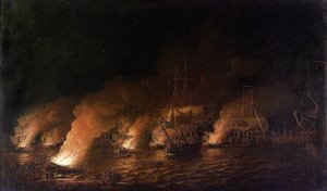 七年戦争」（1756～1763年）：ケベック・シティ（カナダ）沖で夜間にイギリス艦隊を攻撃するフランス軍艦（1759年6月28日 作： Dominic Serres