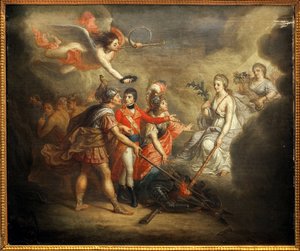 アミアンの和平。1802年3月25日、イギリスとその同盟国であるオスマン帝国、フランス、スペイン、オランダとの間で締結された講和条約。ラッパを鳴らす天使に冠を与えられたナポレオン1世ボナパルトが描かれている 作： Dominique Doncre