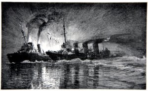 ドイツ駆逐艦を突進するHMSブローク、1920年にゴードンS.マクスウェルの「海軍戦線」からのイラスト 作： Donald Maxwell