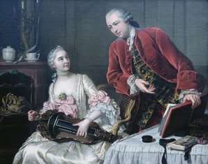 インテリアで音楽を演奏するムッシュとコルセル夫人の肖像画 作： Donat Nonotte