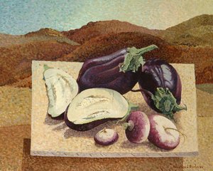 キャンバスに描かれた風景の中の静物