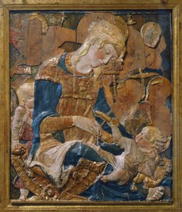 ドナテッロことドナート・ディ・ニッコロ・ディ・ベット・バルディ（約1386-1466）の作とされる《子連れの聖母》テラコッタ製レリーフ、イタリア