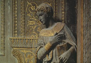 Cavalcanti受胎告知：Donatello 1386-1466 c.1435金色の石灰岩による聖母の詳細 作： Donatello