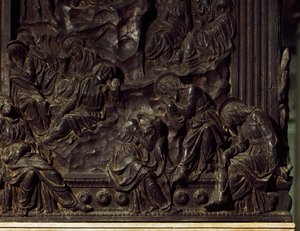 庭での礼拝、左説教壇からの詳細、ドナテッロ（1386-1466）作、聖ローレンス大聖堂、イタリア、フィレンツェ 作： Donatello