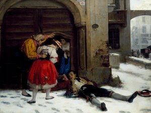 オールナイト パーティーの後に戻る、ドメニコ スカットラ (1814-1876) 作、キャンバスに油彩、75x100 cm 作： Donenico Scattola