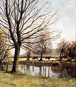 池のほとりの牛」（油彩・キャンバス） 作： Dora Carrington