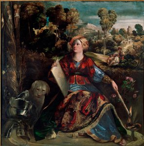 魔術師シルケ 豊かな植物が生い茂る島で、犬を連れ、鎧を地面に敷いた魔女が表現されています。ドッソ・ドッシ（1489年頃～1542年）と呼ばれるジョヴァンニ・ルテリの絵画 1530年頃 Sun.176x174 cm ローマ Galleria Borghese