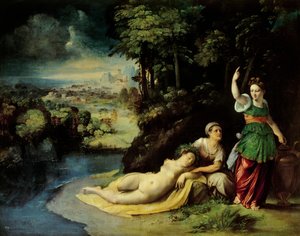ダイアナとカリスト、1528 年頃、Dosso Dossi (1486-1542 年頃) 作、キャンバスに油彩、49x61 cm 作： Dosso Dossi
