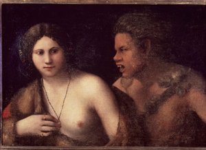 ニンフとサテュロス - 絵画 作： Dosso Dossi