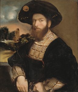 1530年頃、黒いベレー帽をかぶった男の肖像 作： Dosso Dossi