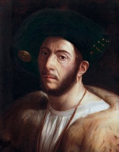 チェーザレ・ボルジア（1475-1507）と思われる男性の肖像、細部、16世紀初頭（油彩・キャンバス 作： Dosso Dossi